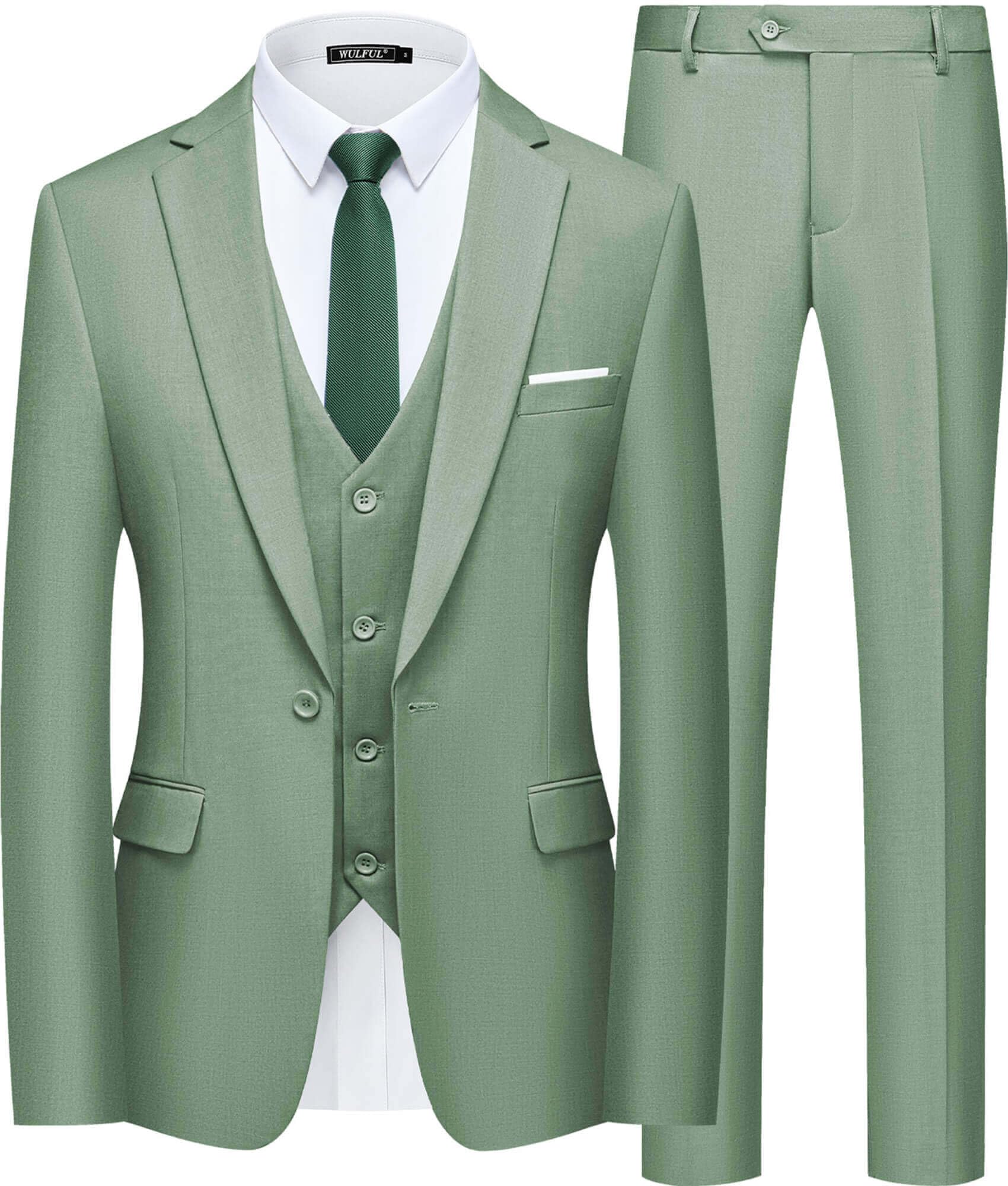 WULFUL Men’s Slim Fit Suit One Button 3-Piece Blazer Dress Business Wedding Party Jacket Vest & Pant